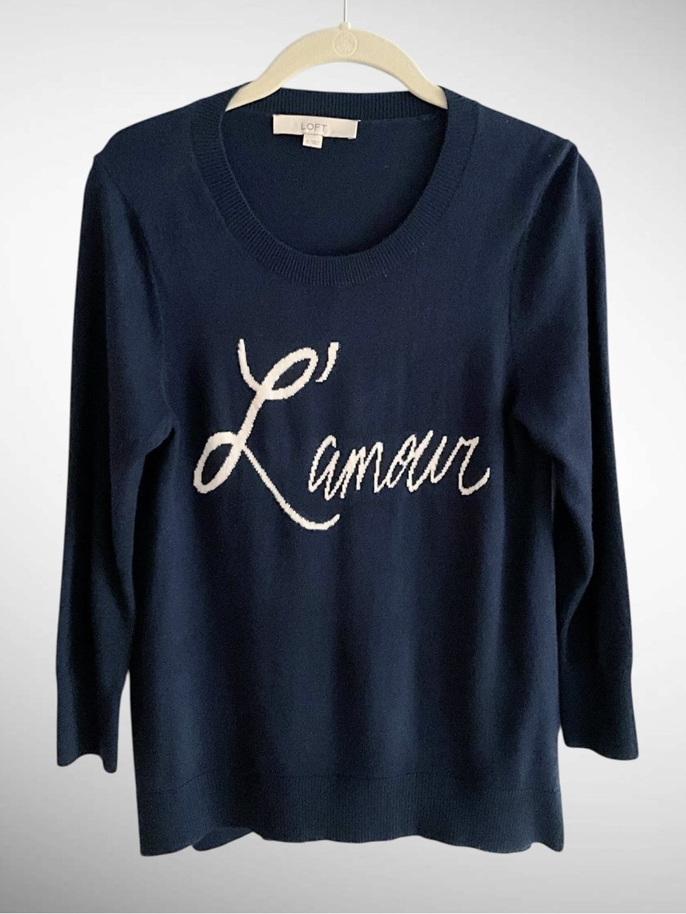 LOFT Navy L’Amour 3/4-Sleeve Crewneck Sweater